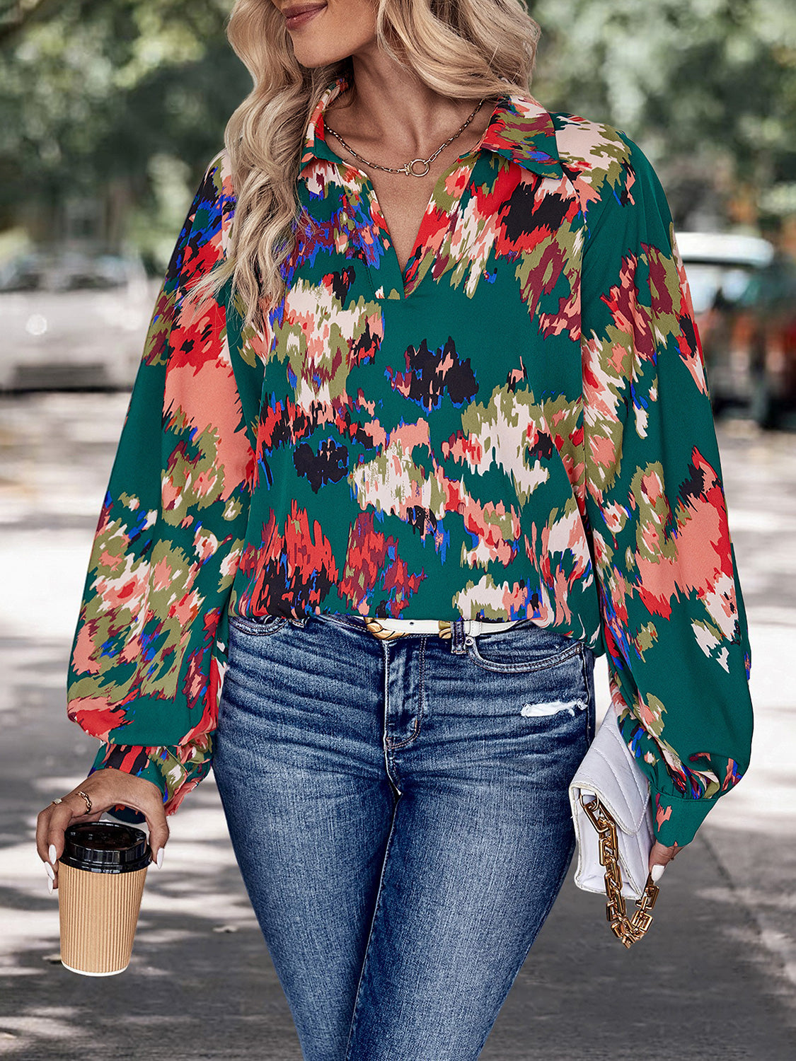 Printed Johnny Collar Long Sleeve Blouse