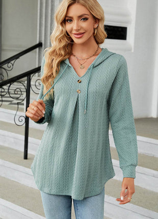 Decorative Button Drawstring Long Sleeve Hoodie - MimiStylez