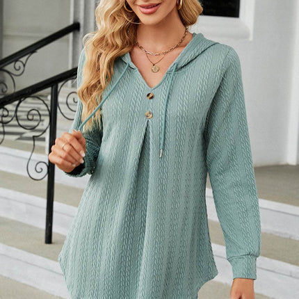 Decorative Button Drawstring Long Sleeve Hoodie - MimiStylez