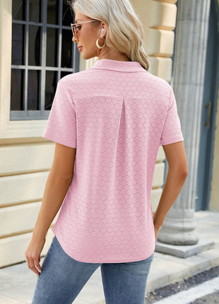 Pocketed Johnny Collar Short Sleeve Blouse - MimiStylez