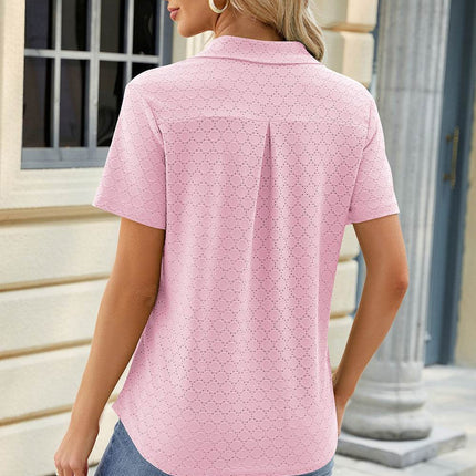 Pocketed Johnny Collar Short Sleeve Blouse - MimiStylez