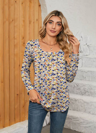 Printed Square Neck Long Sleeve Blouse - MimiStylez
