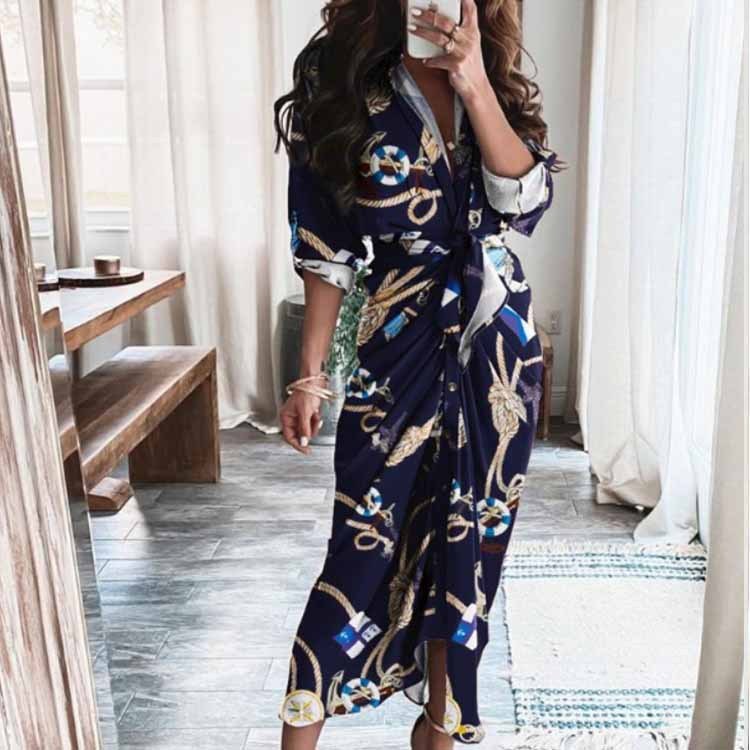 Sexy Printed Pleated Irregular Tie Dress