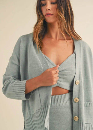 MABLE 3 Pieces Sweater Set with Crop Cami, Mini Skirt, Cardigan - MimiStylez