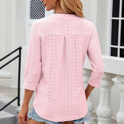 Eyelet Notched Knit Jacquard Top - MimiStylez