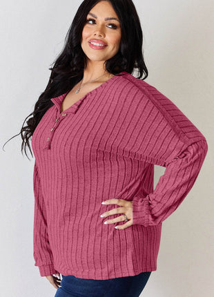 Basic Bae Full Size Ribbed Half Button Long Sleeve T-Shirt - MimiStylez