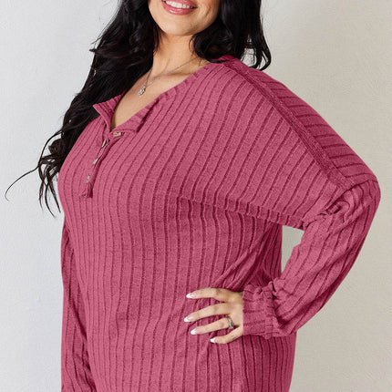 Basic Bae Full Size Ribbed Half Button Long Sleeve T-Shirt - MimiStylez
