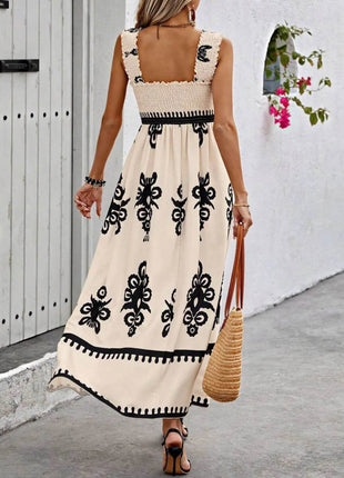 Smocked Printed Wide Strap Maxi Dress - MimiStylez