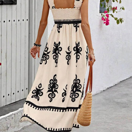 Smocked Printed Wide Strap Maxi Dress - MimiStylez