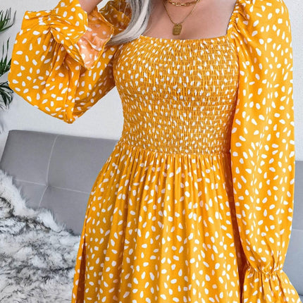 Smocked Square Neck Flounce Sleeve Dress - MimiStylez