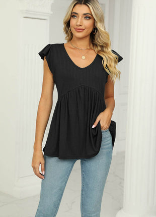 V-Neck Flutter Sleeve Babydoll Blouse - MimiStylez