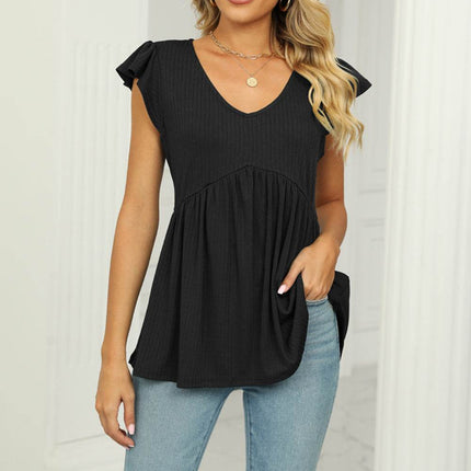 V-Neck Flutter Sleeve Babydoll Blouse - MimiStylez