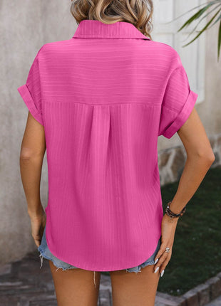 Textured Button Up Cap Sleeve Shirt - MimiStylez