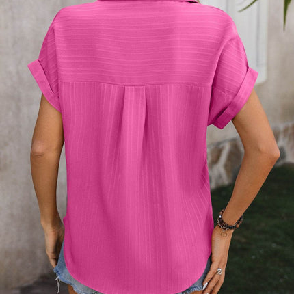 Textured Button Up Cap Sleeve Shirt - MimiStylez