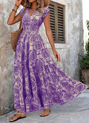 Women's Sexy V-Neck Short Sleeve Maxi Dress Summer Prints And Flowy Big Hem Beach Dresses - MimiStylez