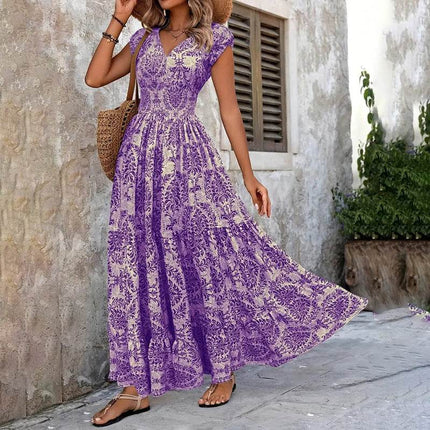 Women's Sexy V-Neck Short Sleeve Maxi Dress Summer Prints And Flowy Big Hem Beach Dresses - MimiStylez