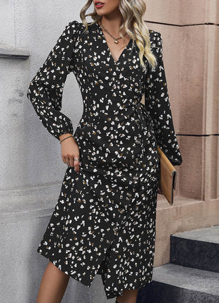 Printed Surplice Neck Long Sleeve Dress - MimiStylez