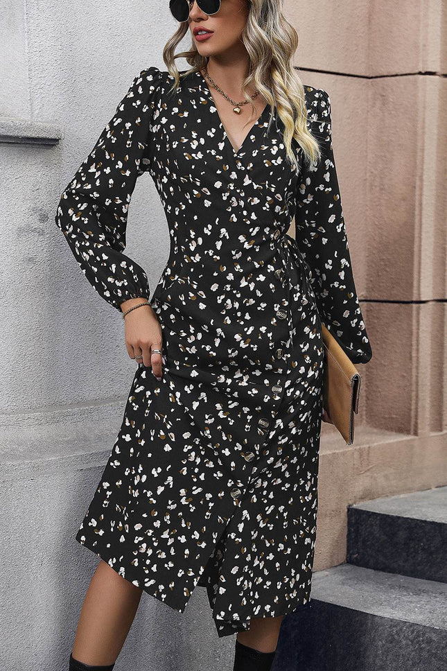 Printed Surplice Neck Long Sleeve Dress - MimiStylez