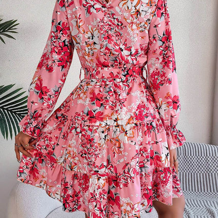 Printed Mock Neck Flounce Sleeve Mini Dress - MimiStylez