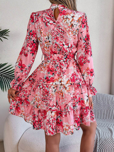 Printed Mock Neck Flounce Sleeve Mini Dress - MimiStylez