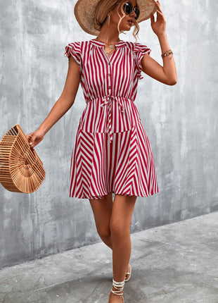 Ruffled Striped Cap Sleeve Mini Dress - MimiStylez