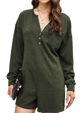 Notched Neck Long Sleeve Romper - MimiStylez