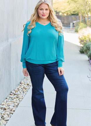 Basic Bae Full Size V-Neck Lantern Sleeve Blouse - MimiStylez