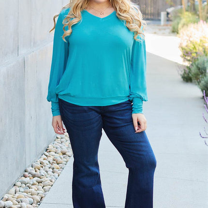 Basic Bae Full Size V-Neck Lantern Sleeve Blouse - MimiStylez