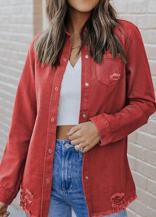 Distressed Raw Hem Snap Down Denim Jacket - MimiStylez