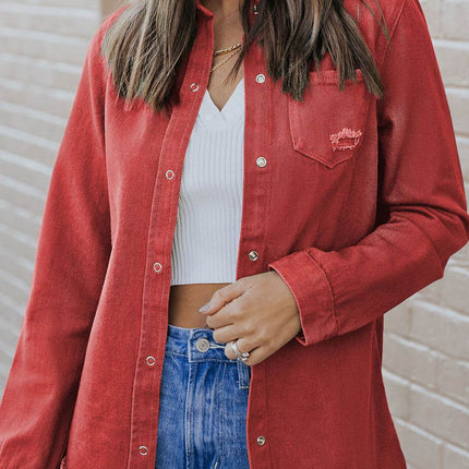 Distressed Raw Hem Snap Down Denim Jacket - MimiStylez