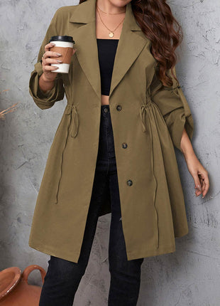 Plus Size Lapel Collar Drawstring Roll-Tab Sleeve Trench Coat - MimiStylez