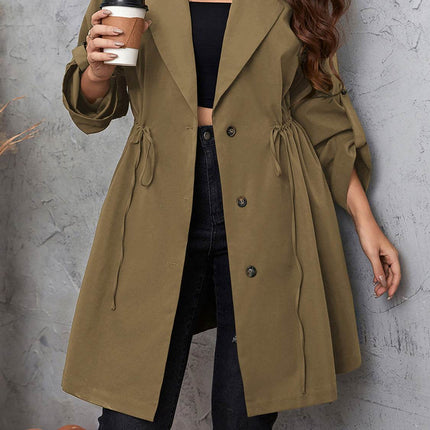 Plus Size Lapel Collar Drawstring Roll-Tab Sleeve Trench Coat - MimiStylez