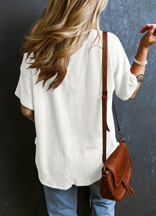 Textured V-Neck Dropped Shoulder T-Shirt - MimiStylez