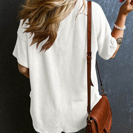 Textured V-Neck Dropped Shoulder T-Shirt - MimiStylez