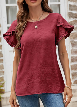 Textured Petal Sleeve Round Neck Tee - MimiStylez