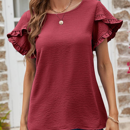 Textured Petal Sleeve Round Neck Tee - MimiStylez