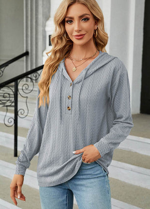 Drawstring Half Button Long Sleeve Hoodie - MimiStylez