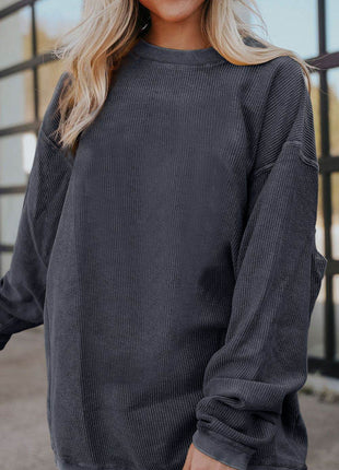 Ribbed Round Neck Drop Shoulder Sweatshirt - MimiStylez