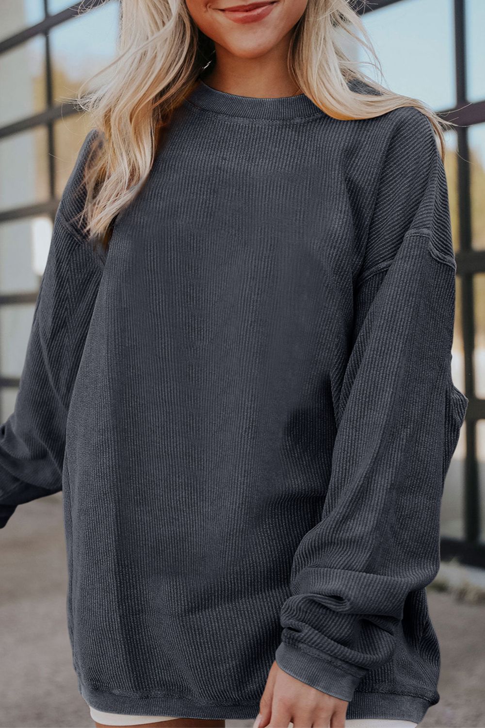 Ribbed Round Neck Drop Shoulder Sweatshirt