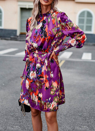 Printed Tie Waist Mock Neck Lantern Sleeve Dress - MimiStylez