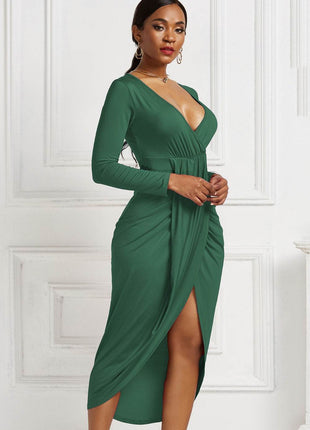 High-low Ruched Surplice Long Sleeve Dress - MimiStylez