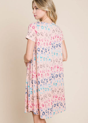 BOMBOM Leopard Round Neck Short Sleeve Dress - MimiStylez