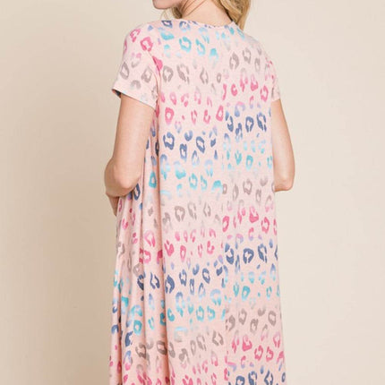 BOMBOM Leopard Round Neck Short Sleeve Dress - MimiStylez