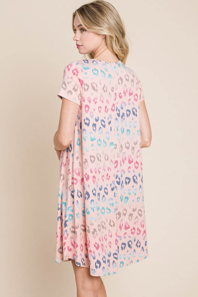 BOMBOM Leopard Round Neck Short Sleeve Dress - MimiStylez