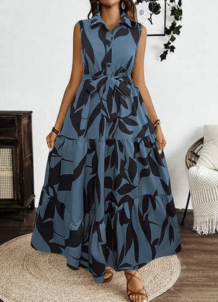 Women Sleeveless Boho Floral Maxi Dress Summer Button Shirt V Neck Flowy Belted Beach Vacation Dresses - MimiStylez