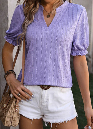 Textured Notched Flounce Sleeve Blouse - MimiStylez