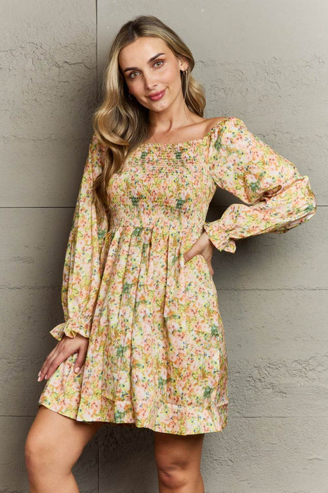 Floral Smocked Square Neck Dress - MimiStylez