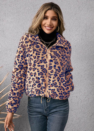 Drawstring Leopard Zip Up Jacket - MimiStylez
