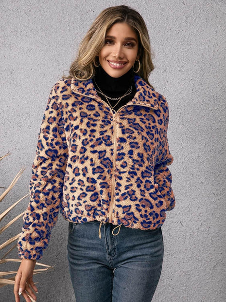 Drawstring Leopard Zip Up Jacket - MimiStylez
