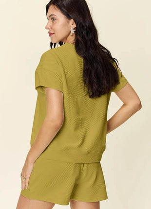 Double Take Full Size Texture Short Sleeve T-Shirt and Drawstring Shorts Set - MimiStylez
